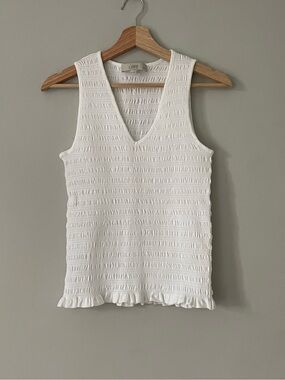 LOFT White Smocked V-Neck Ruffle-Hem Tank Petite